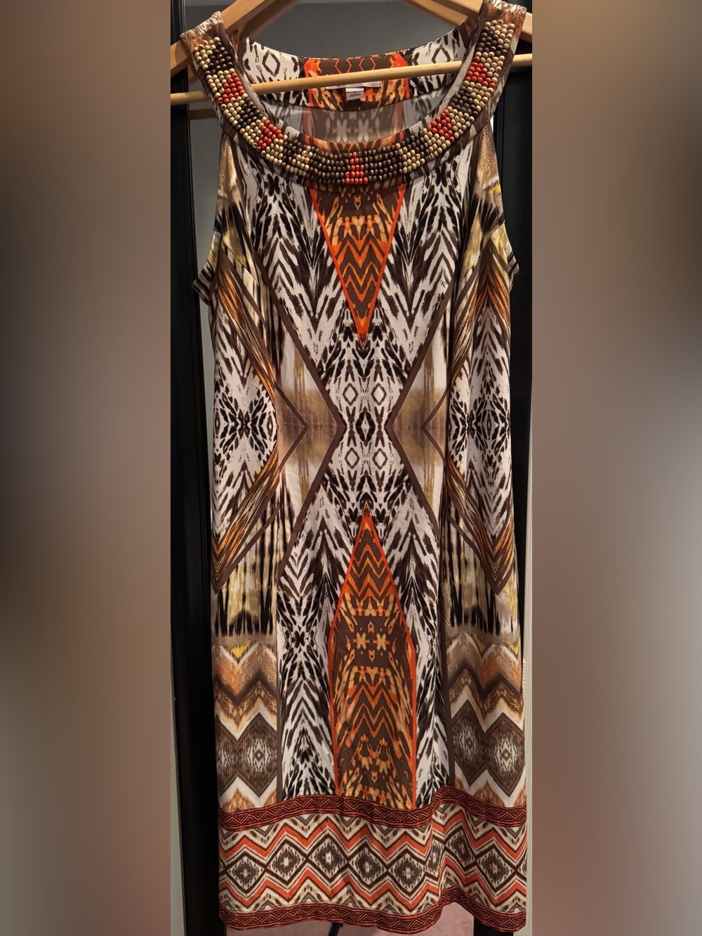 Sleeveless Beaded-Neck Tribal Print Shift Dress in Orange and Brown
